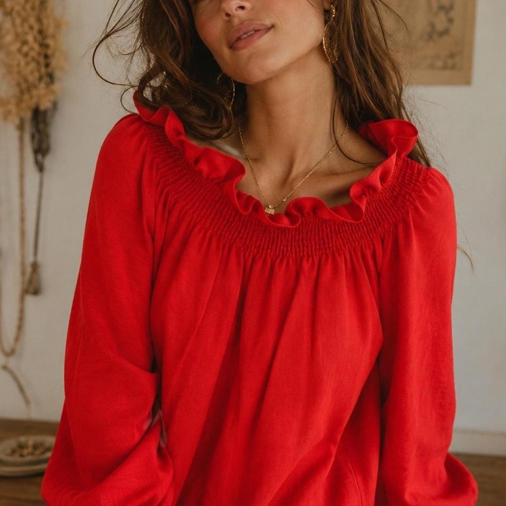 Tuckernuck red blouse with ruffled neckline and sleeves, size XS